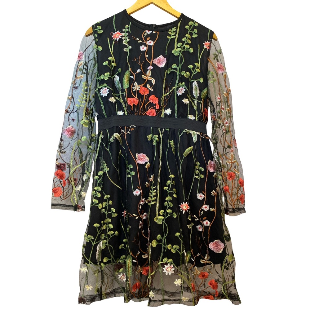 Floral Embroidered Mini Dress Women L Fairy Whimsigoth Floral Artsy Party